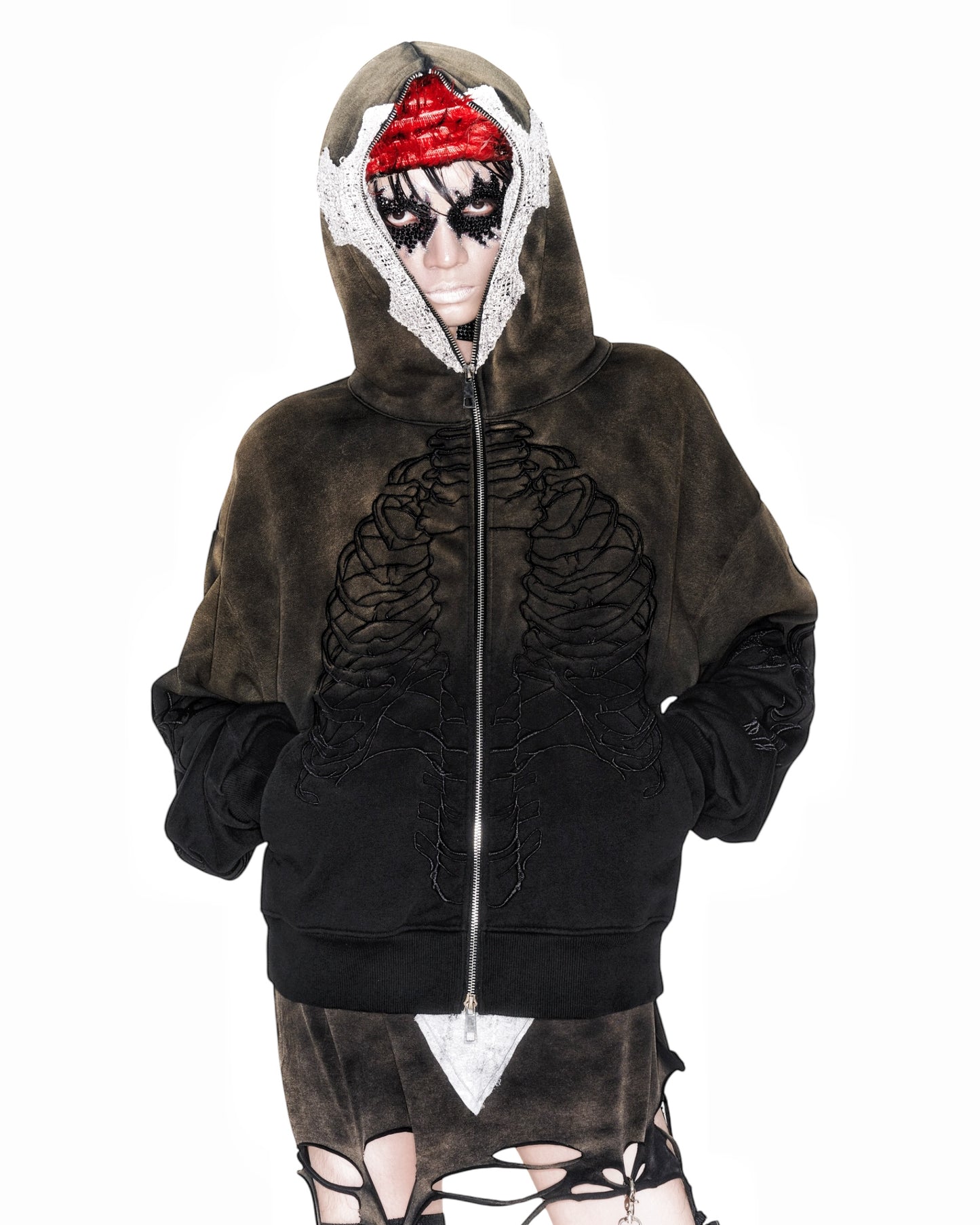 SKELETON KNIGHT HOODIE - BROWN DIY WASHED (Available)
